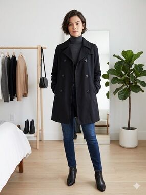 J.Crew Black 100% Wool Double Breasted Trench Coat Jacket Women's Size S Vintage